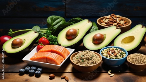 Healthy heart foods on a rustic wooden table
