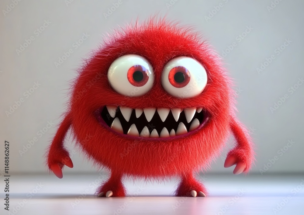 Cute red monster with a fluffy fur texture, large eyes and teeth
