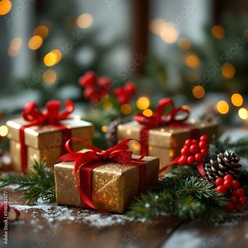 Christmas gifts, gold wrapping paper, red ribbon bows
