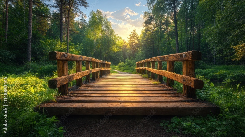 Wooden bridge in a sunlit forest path. Wooden bridge in a sunlit forest path.