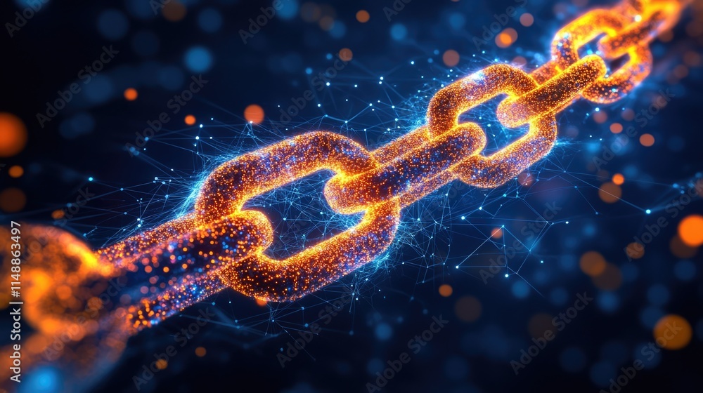 Glowing digital blockchain network concept with blue and orange highlights Glowing digital blockchain network concept with blue and orange highlights