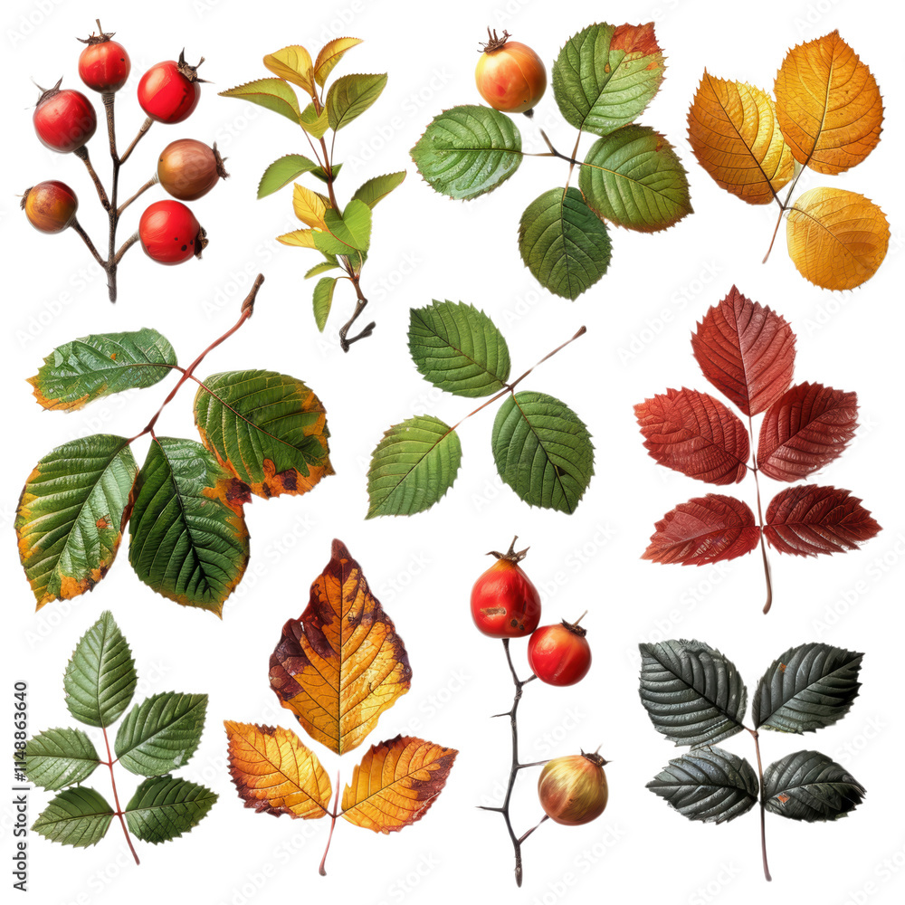 Obraz premium A collection of leaves and fruit, including apples and berries