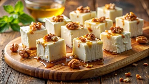 Feta Cheese with Honey and Walnuts on Wooden Board photo