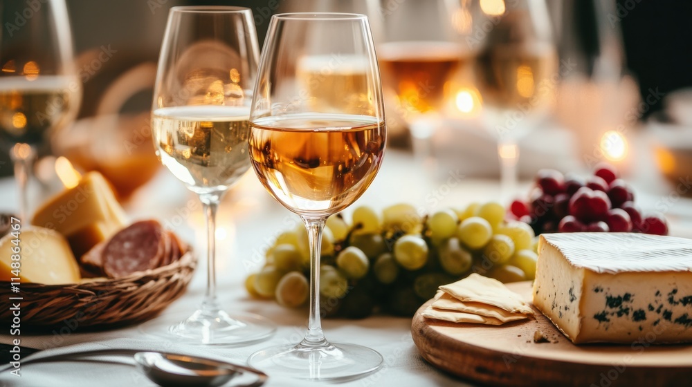 Elegant dining setting with wine glasses, cheese platter, and grapes on a white tablecloth. Generative AI Elegant dining setting with wine glasses, cheese platter, and grapes on a white tablecloth. Generative AI