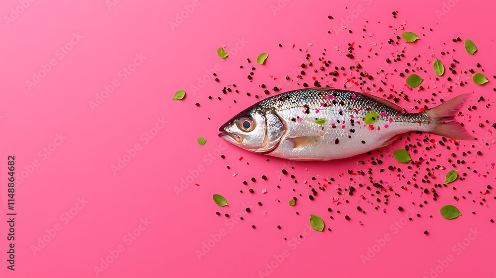 Fresh Fish Sprinkled with Spices and Herbs on Pink Background Fresh Fish Sprinkled with Spices and Herbs on Pink Background