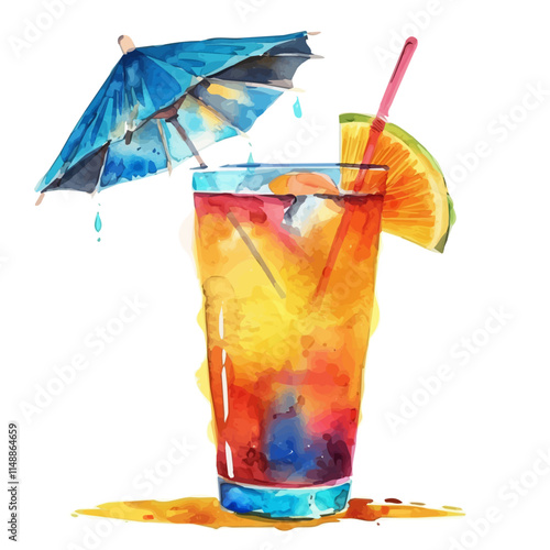 A watercolor clipart of a vibrant tropical drink with an umbrella, isolated on a white background. Tropical drink vector.
