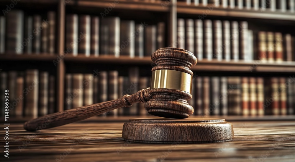 Gavel in the foreground, with bookshelves behind it, representing the concept of law and justice. Gavel in the foreground, with bookshelves behind it, representing the concept of law and justice.