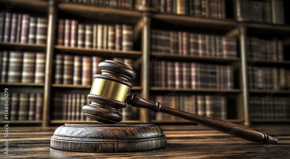 Gavel in the foreground, with bookshelves behind it, representing the concept of law and justice. Gavel in the foreground, with bookshelves behind it, representing the concept of law and justice.