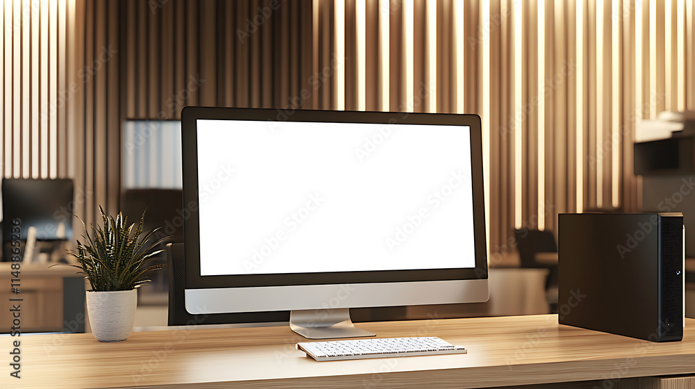 Fototapeta premium Closeup of modern desktop setup with blank screen computer in an office with wooden decor. created with Generative AI technology