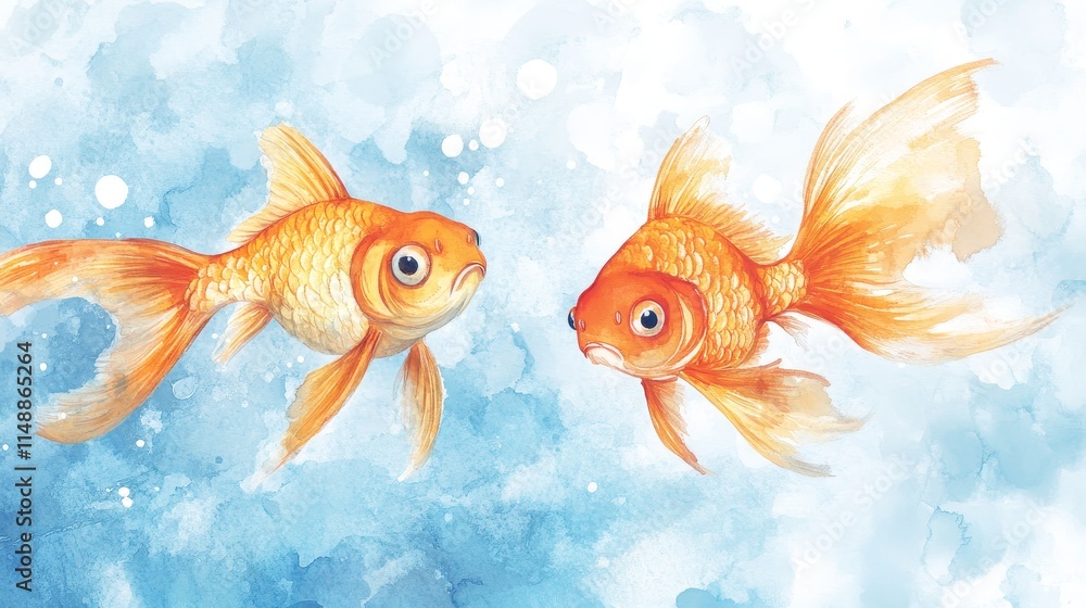 Fototapeta premium Two Goldfish Watercolor Painting - Aquatic serenity, vibrant colors, graceful movement, gentle interaction, peaceful coexistence.