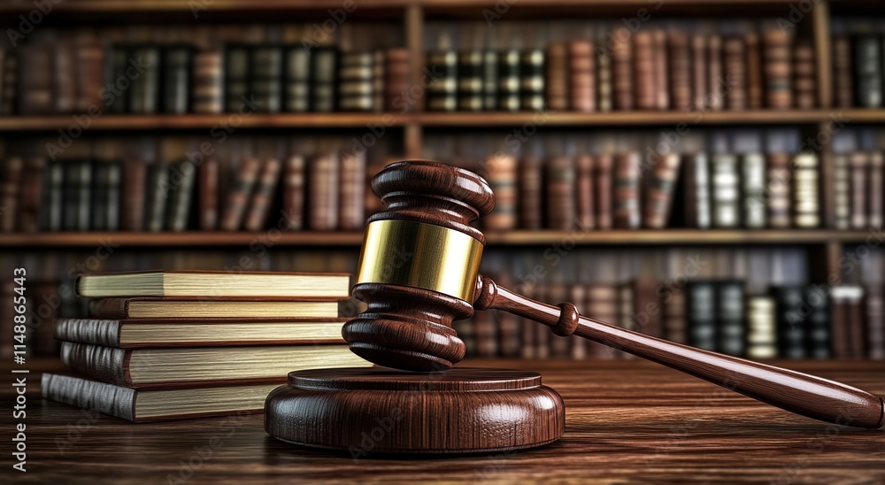 Gavel in the foreground, with bookshelves behind it, representing the concept of law and justice. Gavel in the foreground, with bookshelves behind it, representing the concept of law and justice.