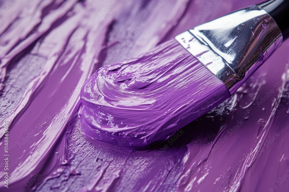 Purple paint brush dipped in vibrant purple paint on a textured surface Purple paint brush dipped in vibrant purple paint on a textured surface