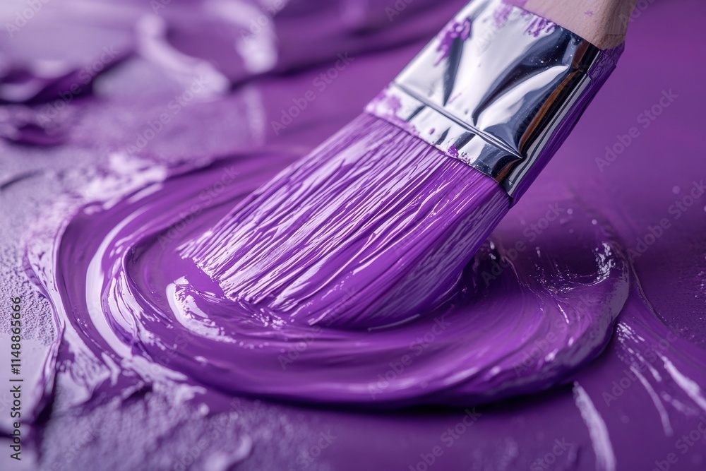Vibrant purple paintbrush dipped in rich purple paint on a surface ready for artistic creation Vibrant purple paintbrush dipped in rich purple paint on a surface ready for artistic creation
