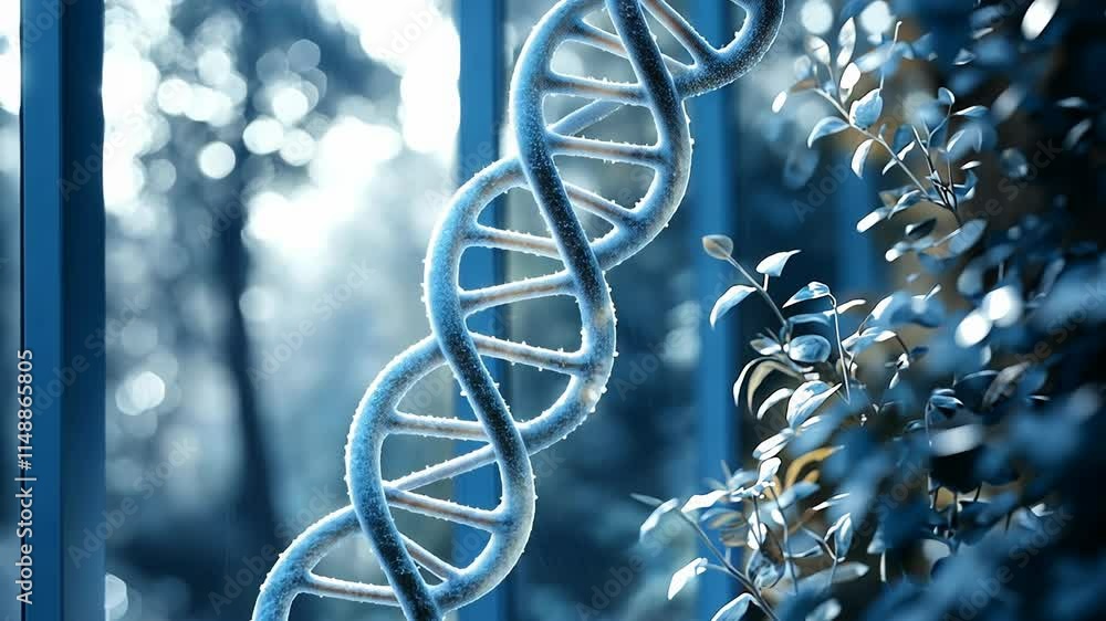 A DNA double helix, covered in frost, rotates slowly in front of a window.
