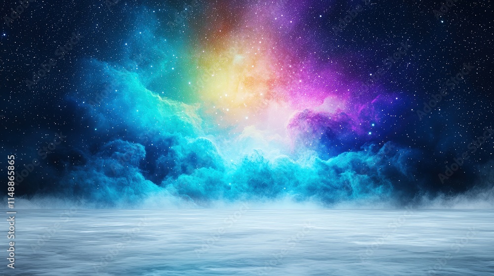 Vibrant nebula reflected in a tranquil, misty landscape at night. Vibrant nebula reflected in a tranquil, misty landscape at night.