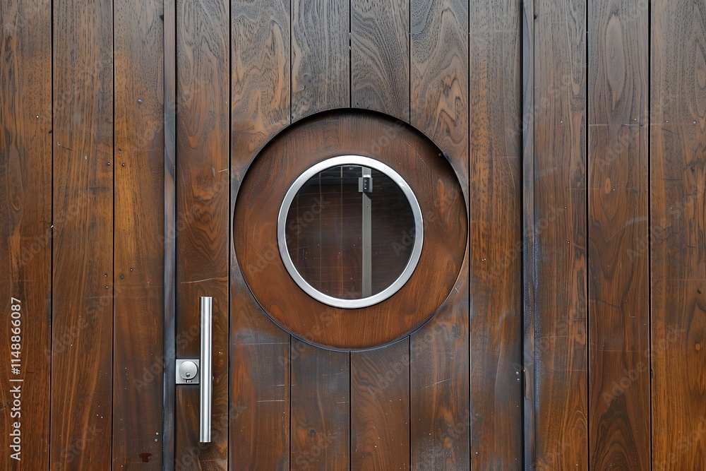 A simple dark walnut door with a central circular glass peephole, bordered by a thin stainless steel ring for a touch of modern elegance A simple dark walnut door with a central circular glass peephole, bordered by a thin stainless steel ring for a touch of modern elegance