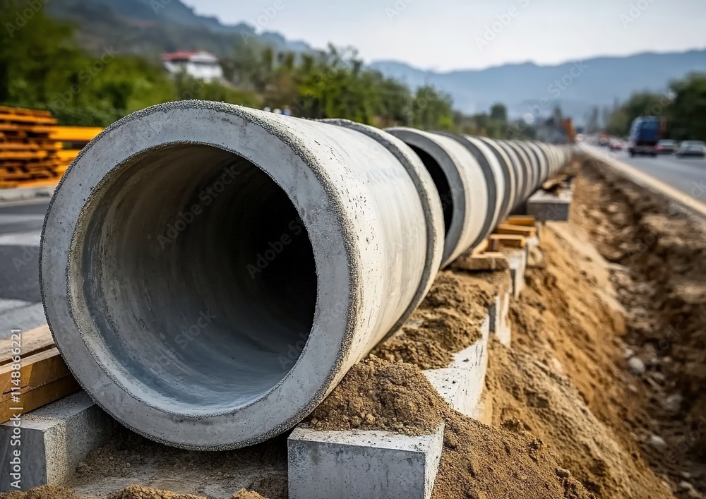 A photograph of large concrete pipes used for water and sewerage systems, lined up in rows on the side of a highway under construction. A photograph of large concrete pipes used for water and sewerage systems, lined up in rows on the side of a highway under construction.
