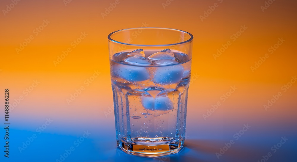 Glasses of fresh water and ice cubes on a colorful background. Glasses of fresh water and ice cubes on a colorful background.