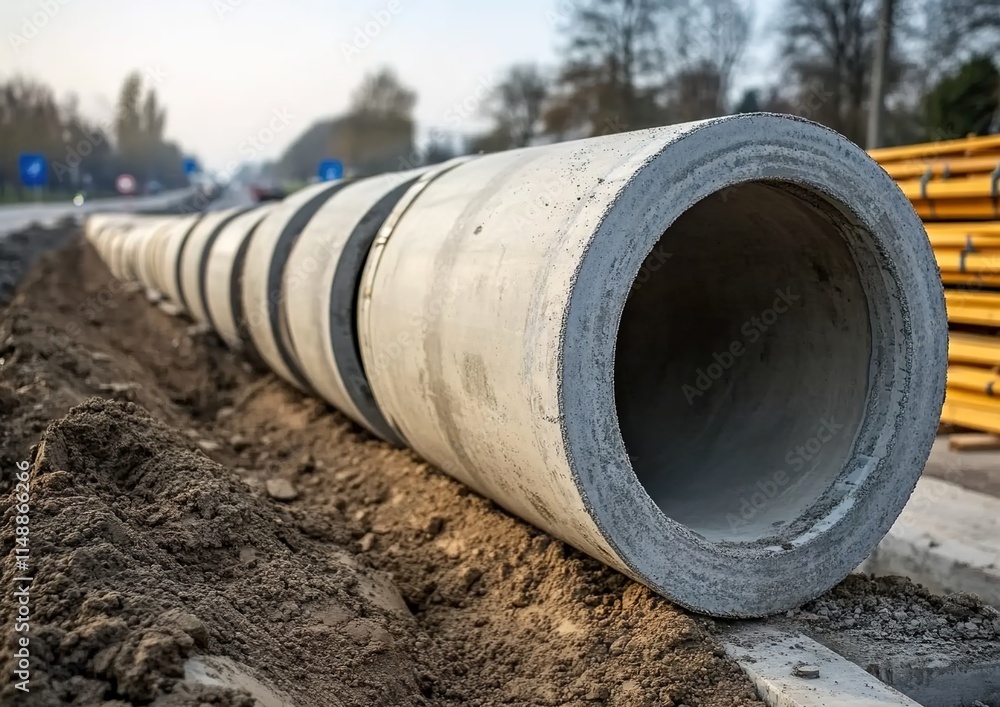 A photograph of large concrete pipes used for water and sewerage systems, lined up in rows on the side of a highway under construction. A photograph of large concrete pipes used for water and sewerage systems, lined up in rows on the side of a highway under construction.