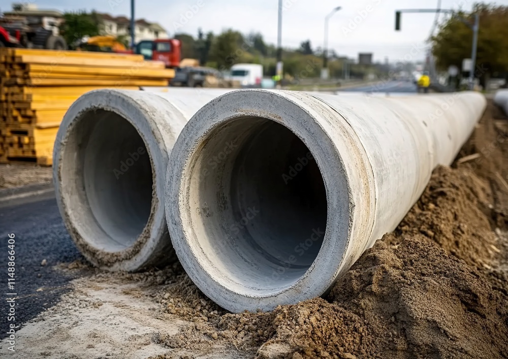 A photograph of large concrete pipes used for water and sewerage systems, lined up in rows on the side of a highway under construction. A photograph of large concrete pipes used for water and sewerage systems, lined up in rows on the side of a highway under construction.