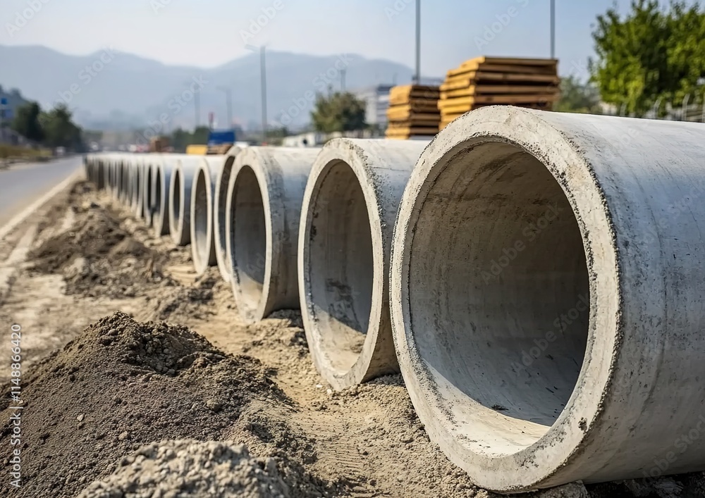 A photograph of large concrete pipes used for water and sewerage systems, lined up in rows on the side of a highway under construction. A photograph of large concrete pipes used for water and sewerage systems, lined up in rows on the side of a highway under construction.