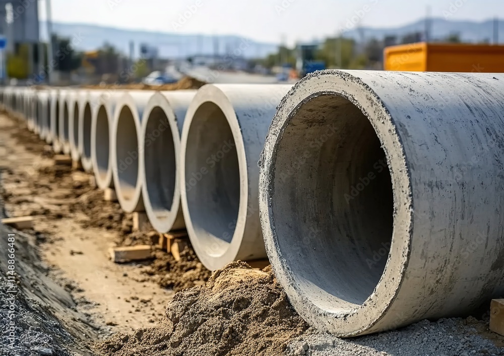 A photograph of large concrete pipes used for water and sewerage systems, lined up in rows on the side of a highway under construction. A photograph of large concrete pipes used for water and sewerage systems, lined up in rows on the side of a highway under construction.