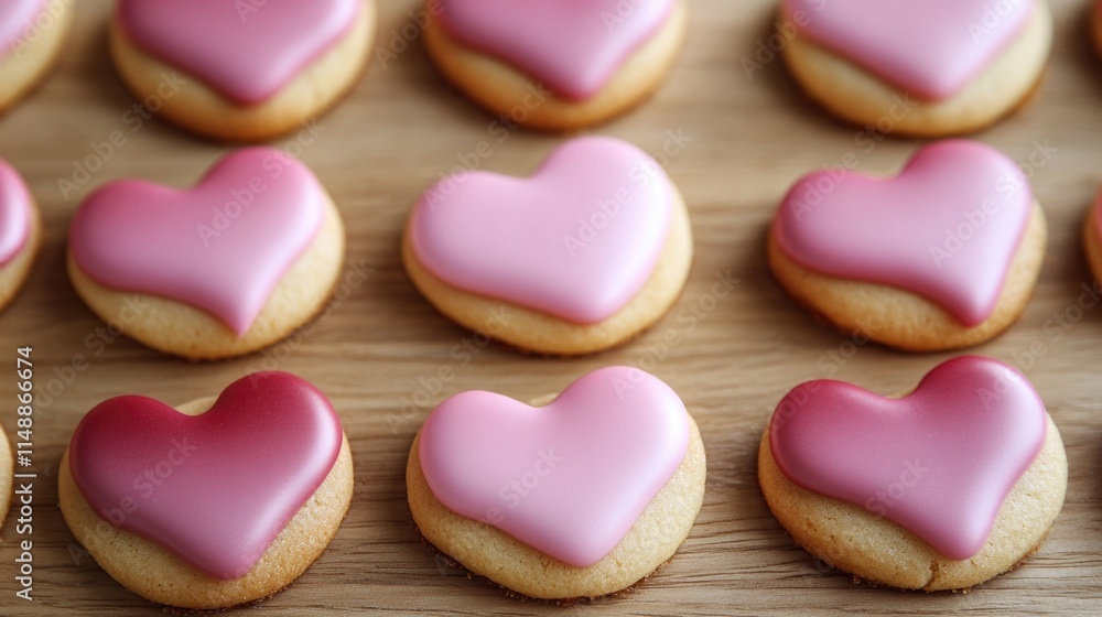 Pink heart-shaped cookies with glossy icing on wooden surface. The 14th of February. Happy Valentine's Day Pink heart-shaped cookies with glossy icing on wooden surface. The 14th of February. Happy Valentine's Day