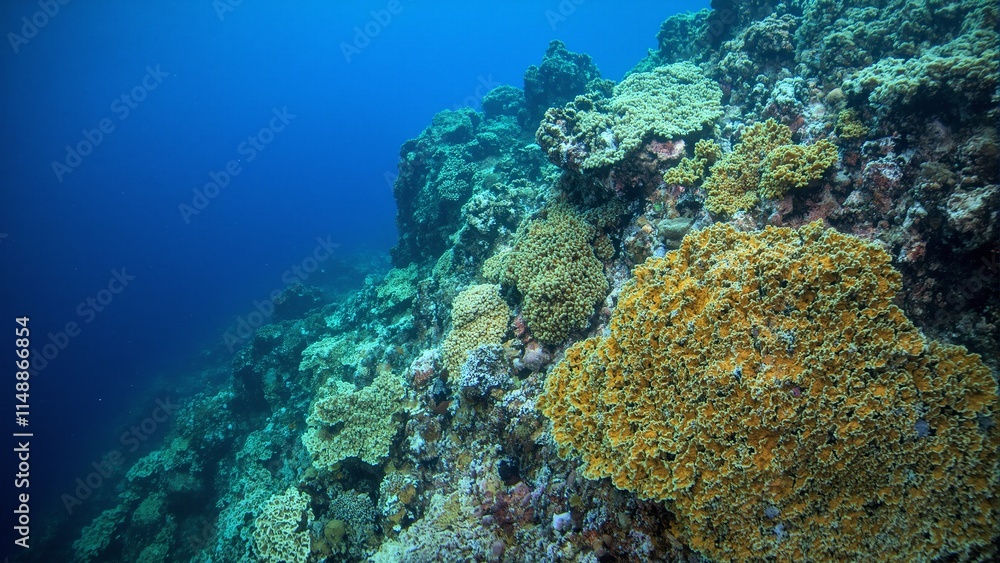 Golden plate coral adorns a dramatic underwater reef wall forming intricate layers in deep blue waters Golden plate coral adorns a dramatic underwater reef wall forming intricate layers in deep blue waters