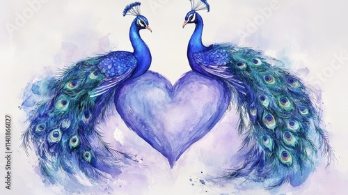 Two Peacocks and a Heart - Watercolor painting of two peacocks, tails spread, positioned symmetrically around a large heart, symbolizing love, beauty, loyalty, grace, and unity.