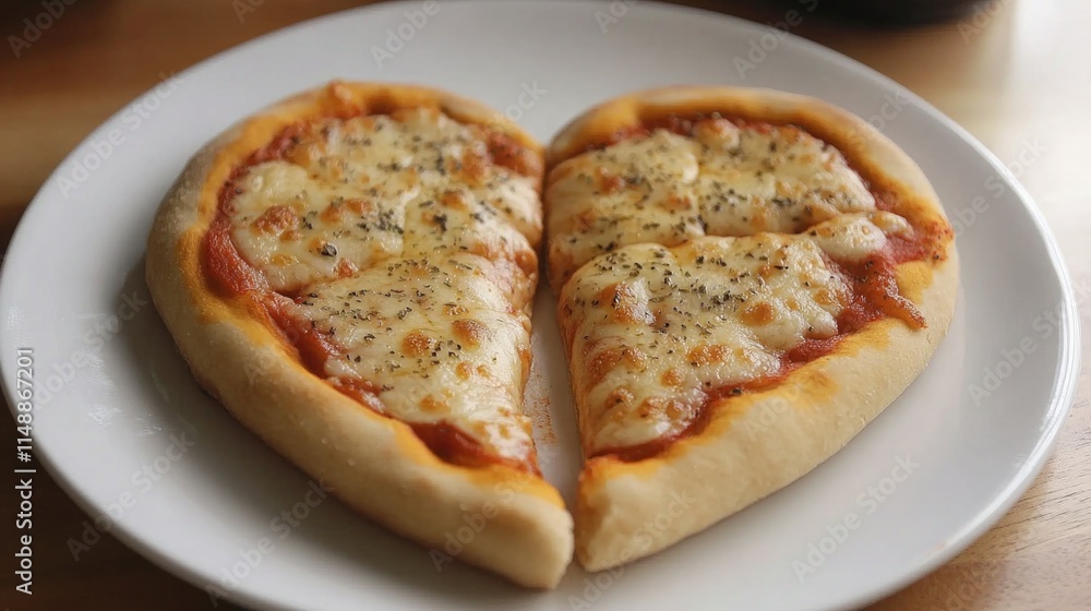 Heart-shaped cheese pizza with herbs on a white plate. The 14th of February. Happy Valentine's Day Heart-shaped cheese pizza with herbs on a white plate. The 14th of February. Happy Valentine's Day