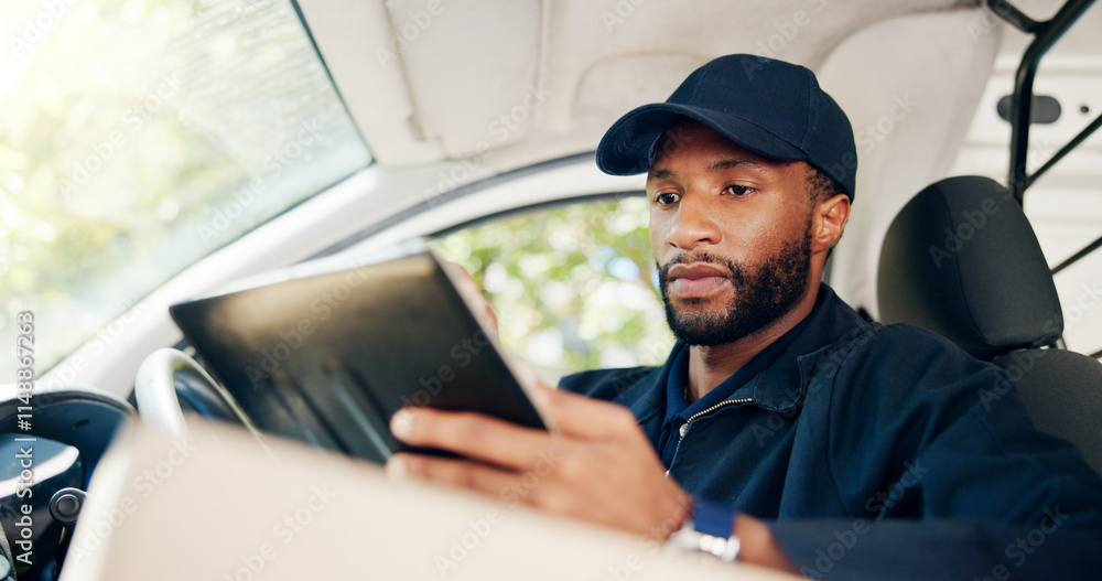 Courier, delivery and man with tablet in van for checking customer address, online order checklist or inventory. Logistics, transport and black person with digital app for package location or service Courier, delivery and man with tablet in van for checking customer address, online order checklist or inventory. Logistics, transport and black person with digital app for package location or service