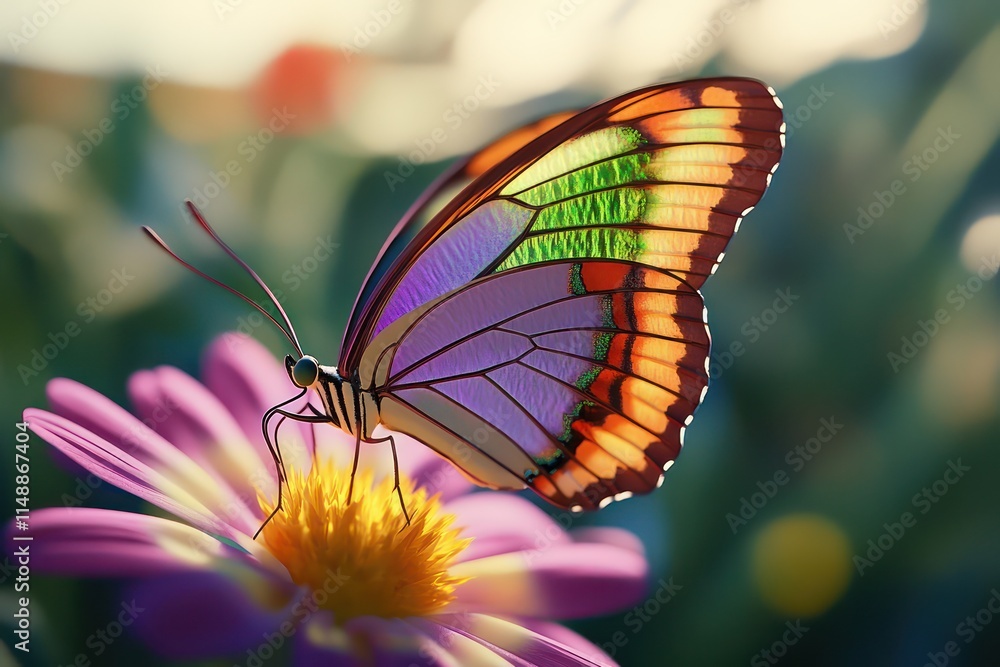Fototapeta premium A butterfly with dazzling purple, green, and orange wings fluttering above a multi-colored flower, each petal and wing detail captured in ultra HD.