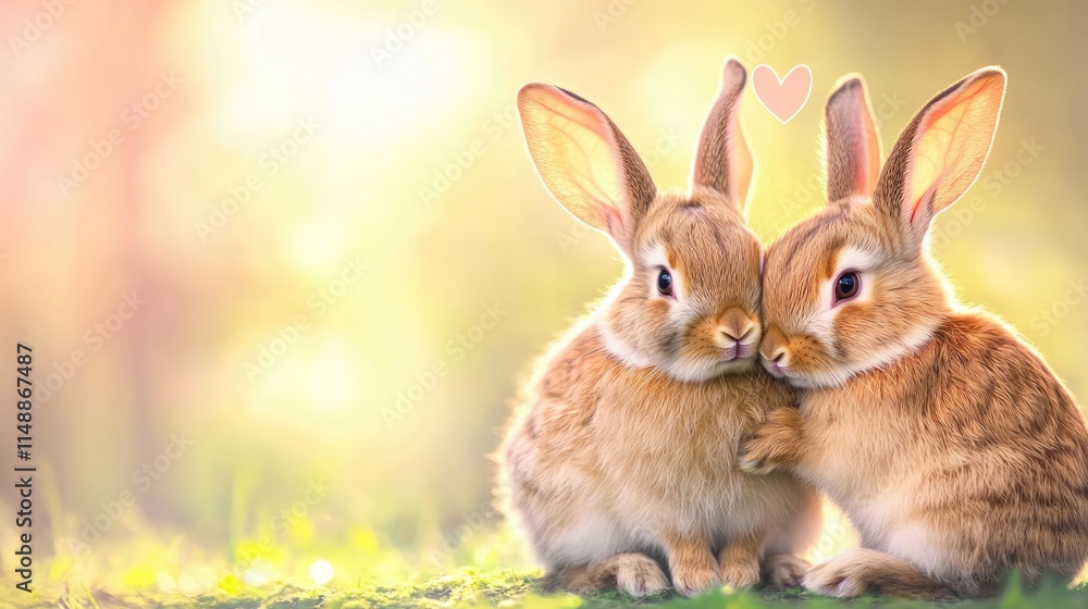 Fototapeta premium Adorable pair of bunnies cuddling in sunlit meadow. The 14th of February. Happy Valentine's Day