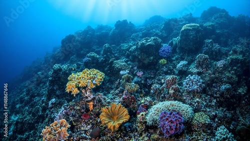 Colorful coral reef wall with golden elkhorn corals purple sea fans and sunlight rays underwater photo