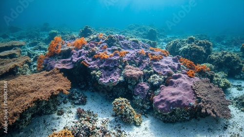 Vibrant purple and orange sea fans adorn a sunlit coral reef creating a mesmerizing underwater scene photo