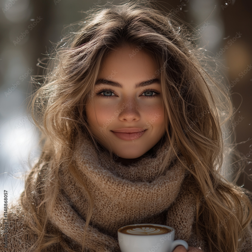 Girl Long Hair Scarf Her Hands Coffe Girl Long Hair Scarf Her Hands Coffe