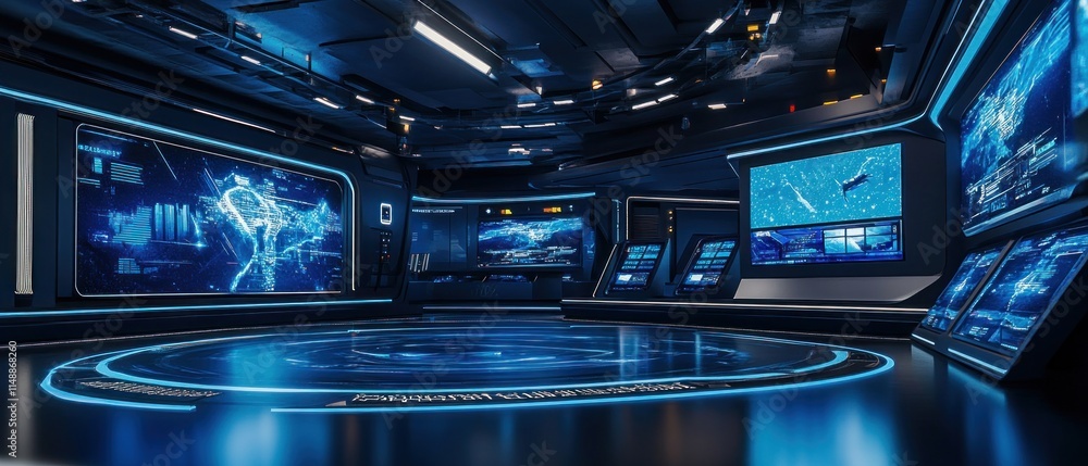Obraz premium Futuristic Control Room: Advanced Technology and Digital Interfaces