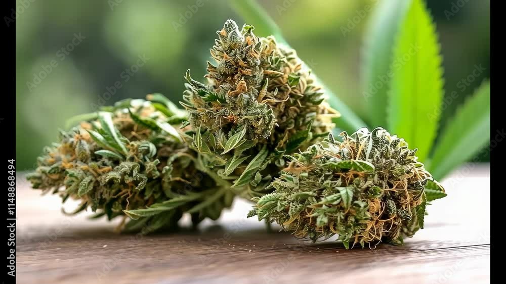 Close-Up of Fresh Green Cannabis Buds on Wooden Surface Close-Up of Fresh Green Cannabis Buds on Wooden Surface