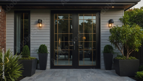 Residential Entrance with Double French Doors and Exterior Lighting