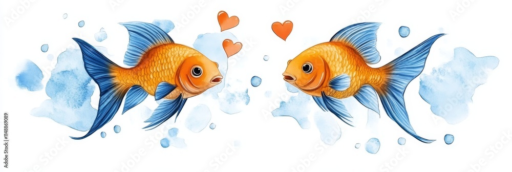 Naklejka premium Watercolor Angelfish Love Duo - Two angelfish, painted in watercolor, face each other, hearts floating between them, symbolizing love, romance, connection, affection, and aquatic life.
