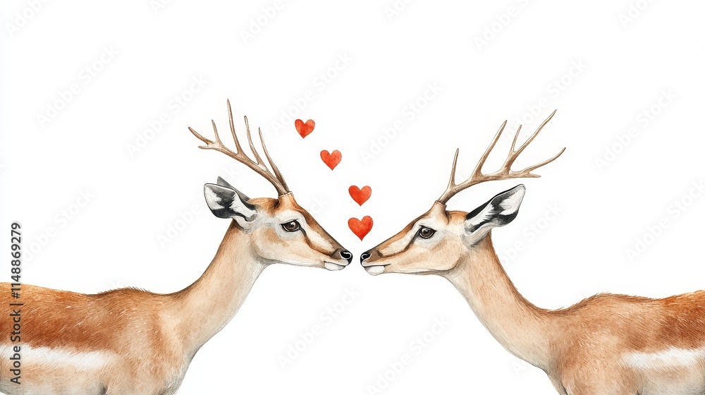 Fototapeta premium Watercolor Antelopes Valentine's Day Kiss - Two watercolor antelopes with intertwined antlers share a tender kiss, symbolizing love, romance, connection, nature, and wildlife.