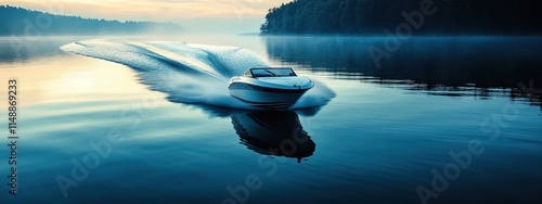 Boat speed speedboat yacht sea water motor luxury wave motorboat. Ocean boat speed summer speedboat circle power view cruise nature aerial above ship drive blue life fast wake splash sunset expensive. photo