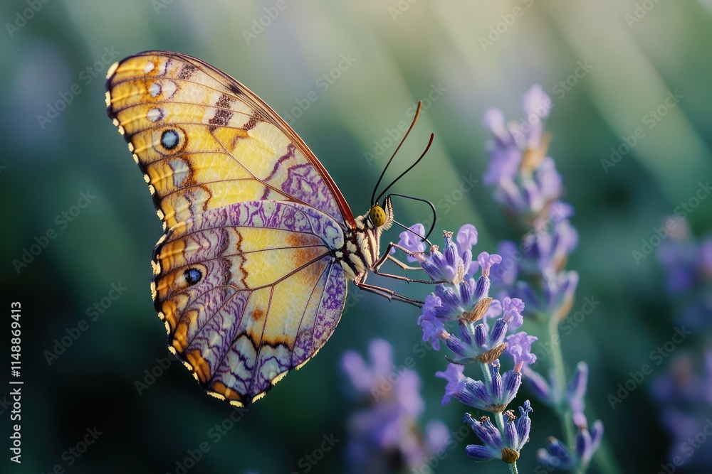 Obraz premium A butterfly with intricate yellow and purple wings fluttering near a soft lavender flower, the image showcasing incredible focus and detail.