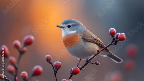 A small bird perched on a branch with red berries against a blurred background.