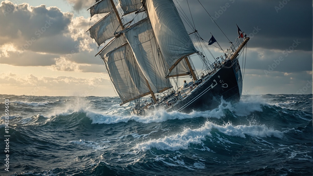 Obraz premium Dramatic sailboat listing in stormy seas at sunset