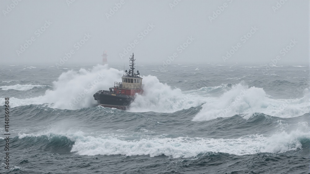Fototapeta premium Dramatic scene of a tugboat in stormy seas waves crashing over deck lighthouse on horizon
