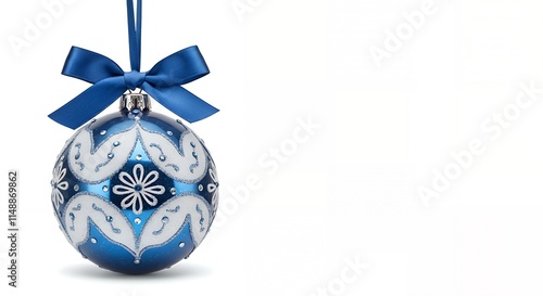 Luxury blue and silver Christmas tree bauble decoration featuring a bow and ribbon on a white background with copy space.
