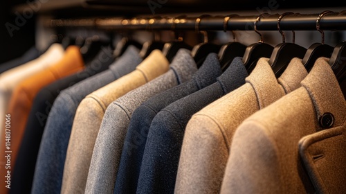 Men's coats hanging on a rack in a store.