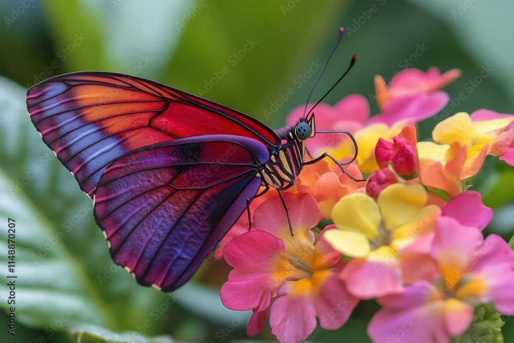 A butterfly with multi-toned wings in shades of red, purple, and black resting on a multi-colored flower with pink, yellow, and orange petals, captured in ultra HD. A butterfly with multi-toned wings in shades of red, purple, and black resting on a multi-colored flower with pink, yellow, and orange petals, captured in ultra HD.