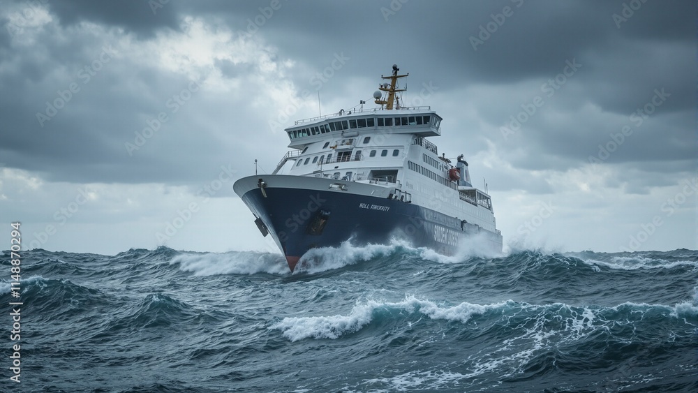 Dramatic view of ferry in stormy seas tilting with waves crashing under swirling dark clouds
